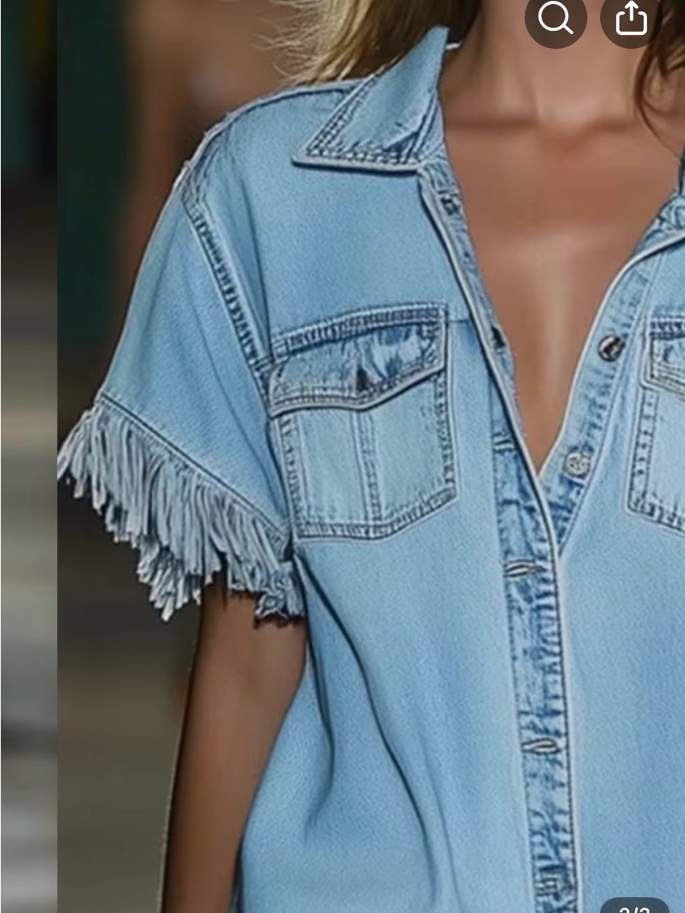 Light Wash Denim Fringe Shirt Dress - Sky Blue - Picture 3 of 3